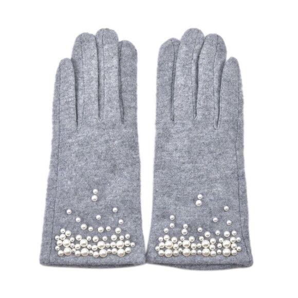 Gray Cashmere Blend Fine Knit Faux Pearl Beaded Fleece Lined E Tip Gloves - Picture 1 of 15